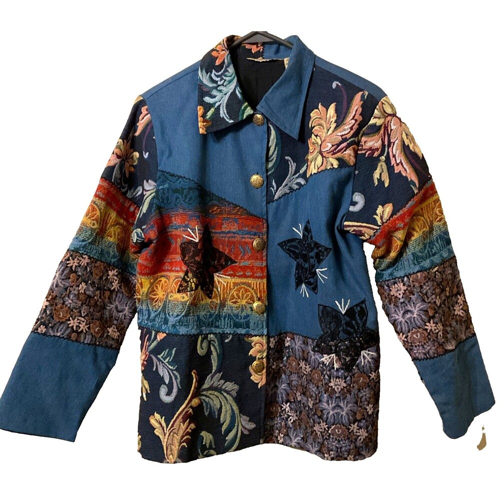 VTG 90s Quizz Tapestry Patchwork Denim Shacket Jacket Petite PM Boho Art Blue